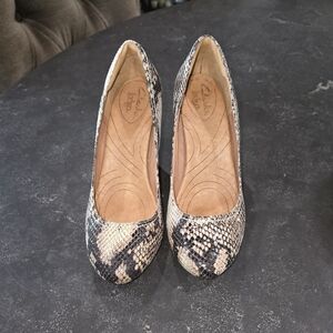 Clarks Snakeskin Pattern Wood Wedge Heels
